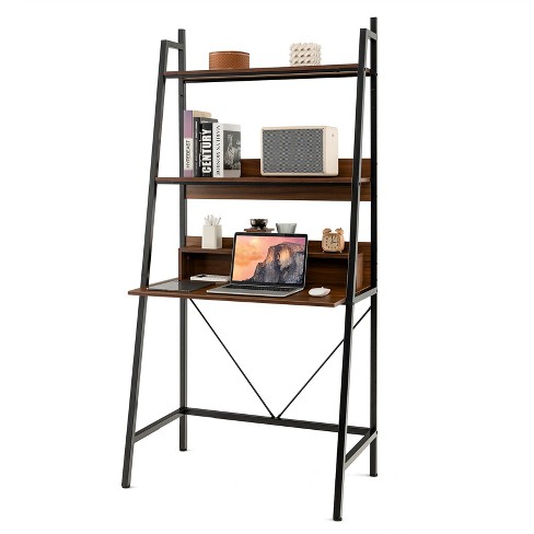 Costway 71 High Ladder Desk With Open Shelves 3 tier Ladder Shelf Computer Desk Brown Target