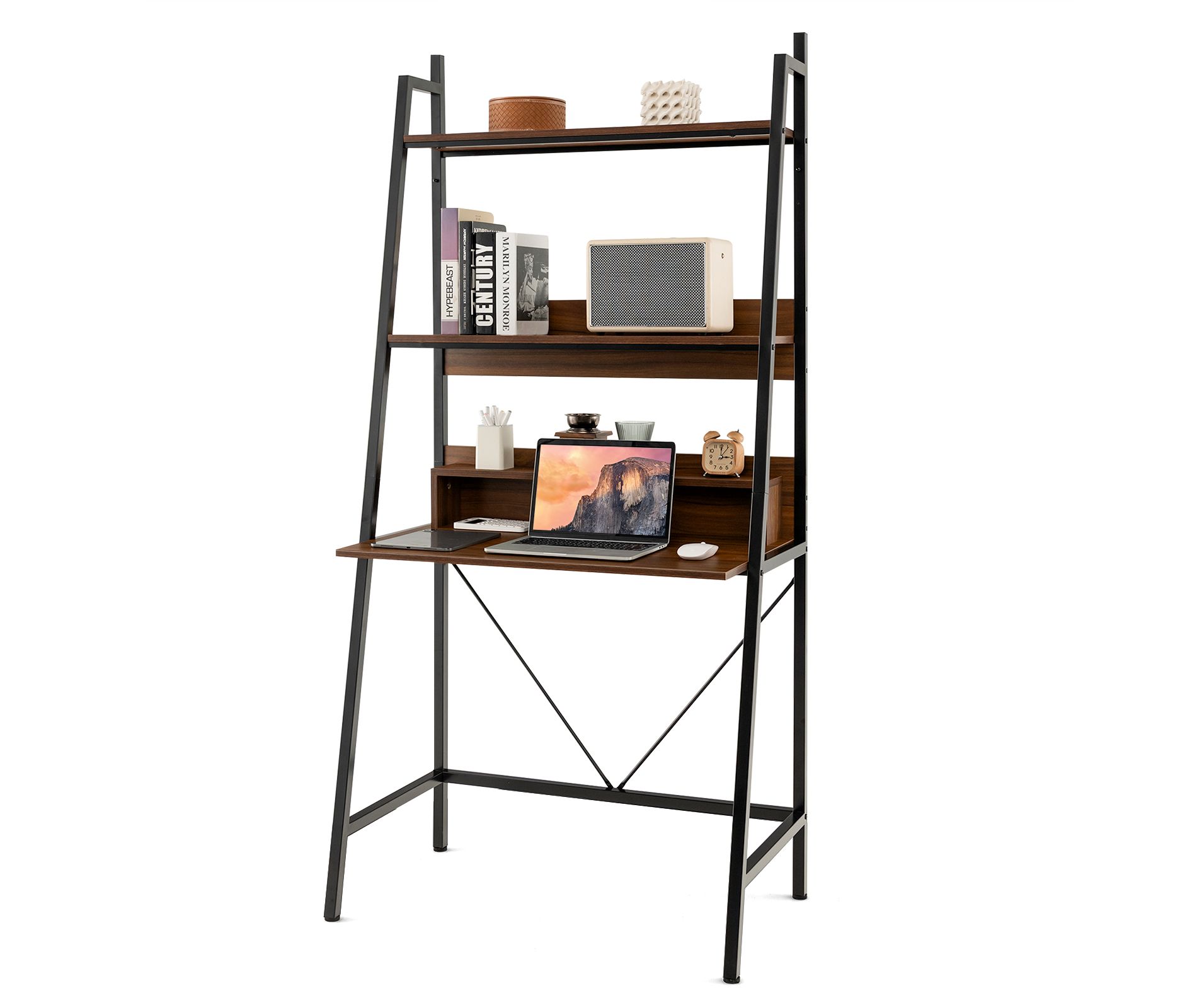 Costway 71'' High Ladder Desk with Open Shelves 3-Tier Ladder Shelf Computer Desk Brown