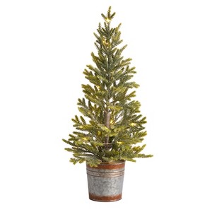 26in. Pine Look Artificial Christmas Tree with 35 Warm White Lights in Rustic Metal Planter – Petite X-Mas Accent Décor - 1 of 4