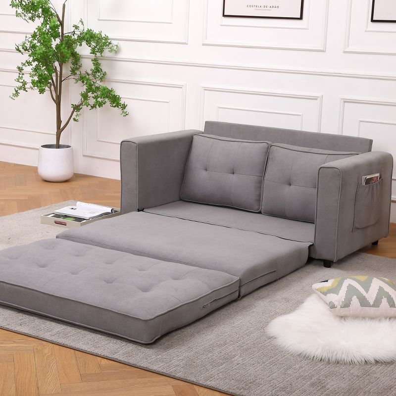 55" Pull Out Sleeper Sofa with 2 Storage Pockets, Linen Convertible Foldable Sofa Bed with 2 Back Cushions 4M - ModernLuxe, 3 of 9