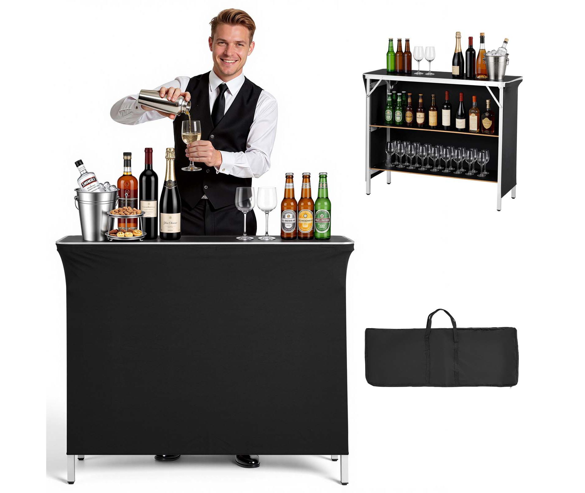 VEVOR Folding Portable Bar Table, 43.3 x 15.2 x 34.8 in, with Carry Bag, 2 Storage Shelves, and Detachable Skirt, Quick and Easy Setup, Black