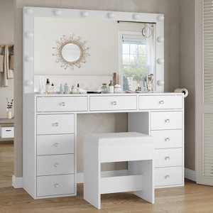 White Adjustable Brightness Makeup Vanity Set with 12 LED Lights & Power Outlet - White Vanity Desk with Mirror, 11 Drawers, Included Chair & 3 Ligh - 1 of 4