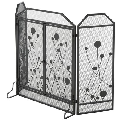 HOMCOM 3-Panel Metal Fireplace Mesh Screen Home Folded Steel Spark Protection with Magnetic Doors 49.25" x 31.5" Black