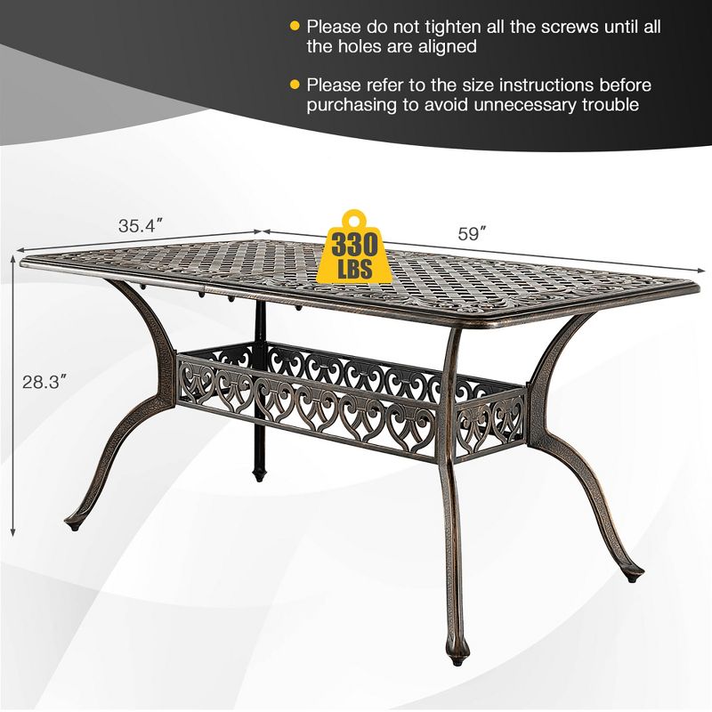 Costway 59'' Outdoor Dining Table All-Weather Cast Aluminum Umbrella Hole 6 Person Bronze, 3 of 11