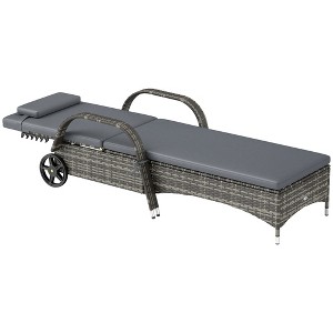 Outdoor Chaise Lounge, 5-Level Adjustable Backrest Rattan Pool Lounge Chair with Wheels, Cushion & Headrest - 1 of 4