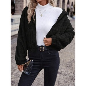 Coolmee Women's Coat Winter Outerwear Zip Up Drop Shoulder Hooded Flannel Short Jacket - 1 of 4