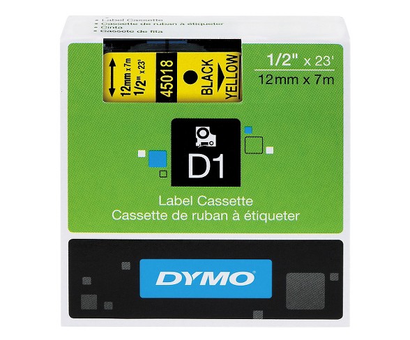 DYMO&#174; D1 Standard Tape Cartridge for Dymo Label Makers, 1/2in x 23ft, Black on Yellow