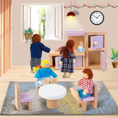 Etokfoks Wooden Dollhouse Furniture Set 26 pcs with 4 Family Dolls for Living Room Bathroom Kitchen Bedroom Pretend Play Ages 3+ — фото 4