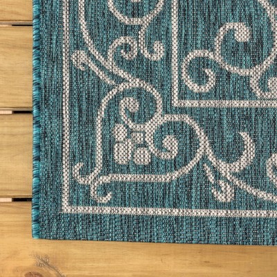 Teal and Gray Filigree Square Indoor/Outdoor Area Rug