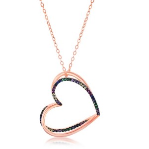 Bella Silver Sterling Silver, Rose Gold Plated, 3D Heart Necklace - Rainbow CZ - Rose - 16+2 Inch - 1 of 3