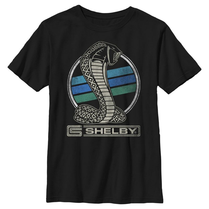 Boy's Shelby Cobra Distressed Blue and Green Striped Logo T-Shirt, 1 of 6