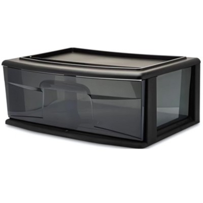 Homz 2 Pack Storage Cart, Wide Body 1 Drawer Plastic Rolling Container for Home and Office Organization, Black Frame with Smoke Tint Drawer