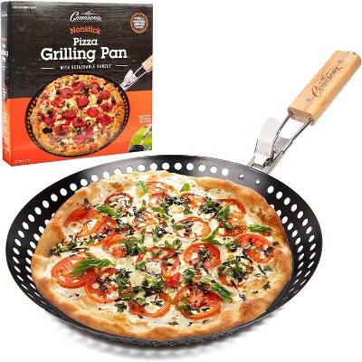 Pizza Grill Pan (12") w Removable Handle- Perforated Non-stick Grilling Dish w Air Holes for Extra Crispy Crust- Extra High Walls Keep Food Inside -