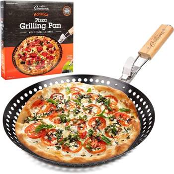 Pizza Grill Pan (12") w Removable Handle- Perforated Non-stick Grilling Dish w Air Holes for Extra Crispy Crust- Extra High Walls Keep Food Inside -