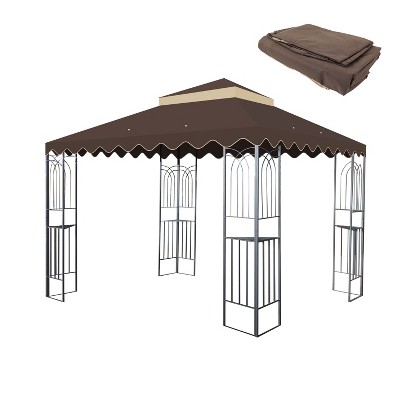 DOMETOUR 10x10 Ft Outdoor Patio Gazebo Replacement Canopy,Double Tiered Gazebo Tent Roof Top Cover Only wavy border(Frame Not Include)-BROWN