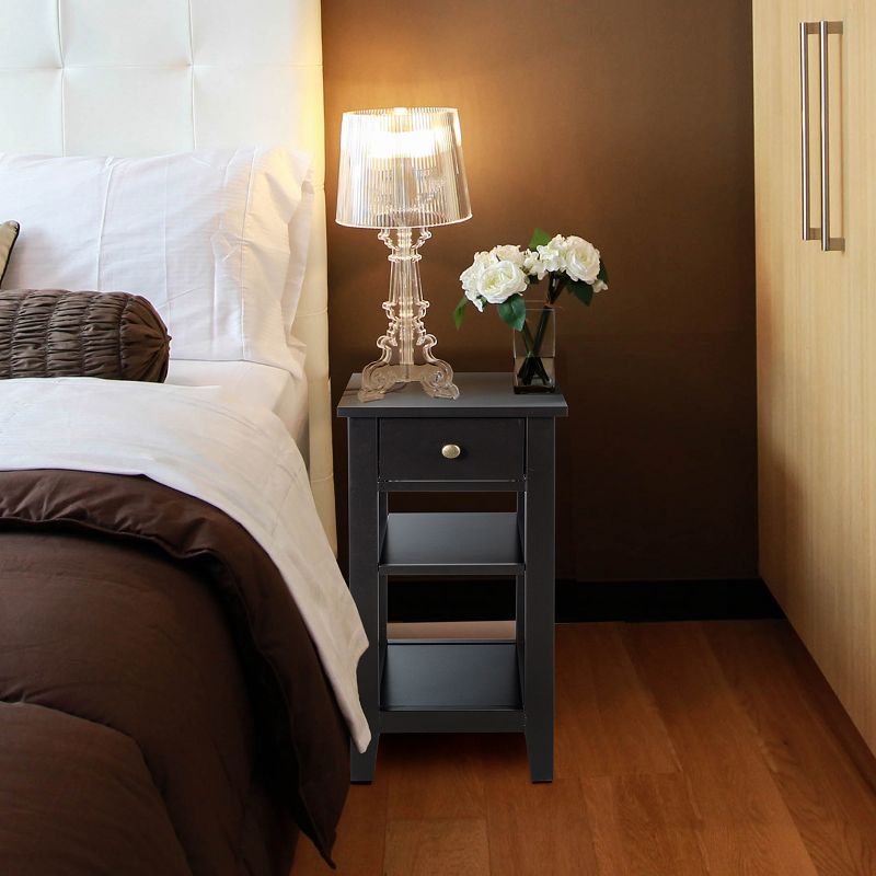 3Tier Nightstand Bedside Table Sofa Side End Table w/Double Shelves Drawer Black, 4 of 11