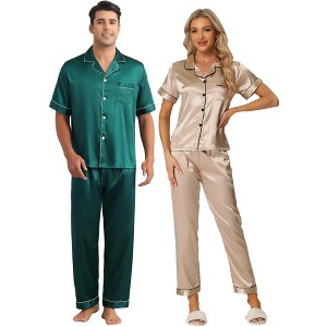 INSPIRE CHIC Couples Satin Pajamas Sets Button Down Short Sleeve Soft 2 Pack Sleepwear - 1 of 4