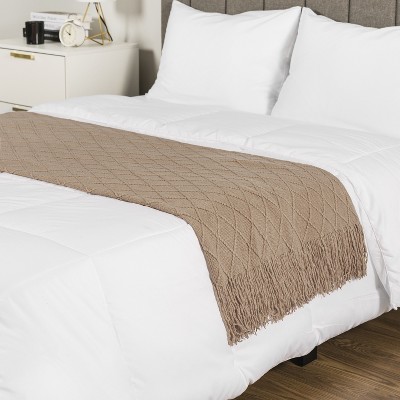 Tan Taupe Knit Fleece Reversible Throw Blanket with Fringe
