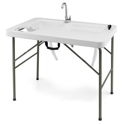 Tangkula Portable Fish Cleaning Table Folding Camping Table w/ 2 Sinks & Rotatable Faucet Functional Garbage Holder & Measuring Mark