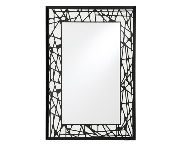 Rectangular Beveled Frameless Wall Mirror with Silk Screened Black and White Pattern Embedded Border Black 24" X 36" - Breeze Point
