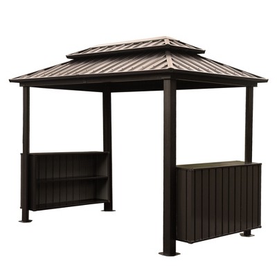 DOMETOUR 6x10FT Hardtop Grill Gazebo with Double Steel Roof, 2 Cabinets & Ceiling Hooks for Patio, Backyard, Lawn, Brown