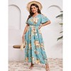 Plus Size Women's Flowy Tiered Maxi Dress - V-Neck, Short Sleeve & Waist Tie with Floral Print - 2 of 4