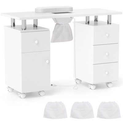 Costway Rolling Manicure Table Nail Desk with with 8 Lockable Wheels & Electric Dust Collector 3 Dust Bags Wrist Rest White/Pink/Black
