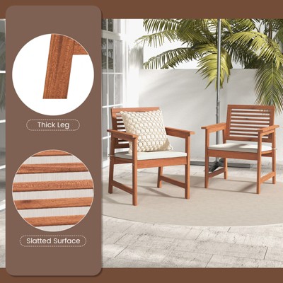 Natural Wood Outdoor Dining Chairs with Off-White Cushions, Set of 2