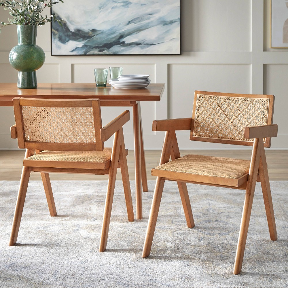 Photos - Dining Table Buylateral Valentina Modern Rattan Solid Wood Arm Dining Chair Light Walnut
