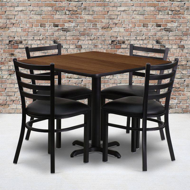 Flash Furniture 36'' Square Walnut Laminate Table Set with X-Base and 4 Ladder Back Metal Chairs - Black Vinyl Seat, 3 of 4