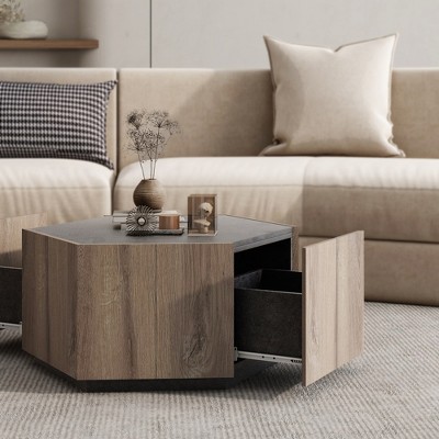 Hexagonal Coffee Table With 2 Drawers Waterproof Scratch-resistant Rural Style Center Sofa Table