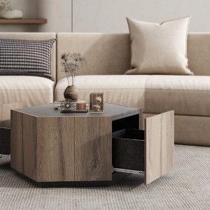 Hexagonal Coffee Table With 2 Drawers Waterproof Scratch-resistant Rural Style Center Sofa Table - 1 of 4