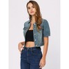 Allegra K Women's Casual Point Collar Button Down Puff Sleeve Crop Denim Jackets - 2 of 4