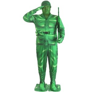 HalloweenCostumes.com Adult's Plus Size Green Plastic Army Man Costume | Military Toy Outfit w/ Helmet Cover & Gloves - 1 of 3