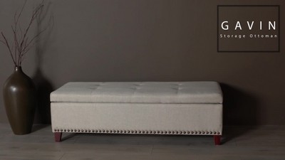 Beige Tufted Fabric Storage Ottoman with Nailhead Trim