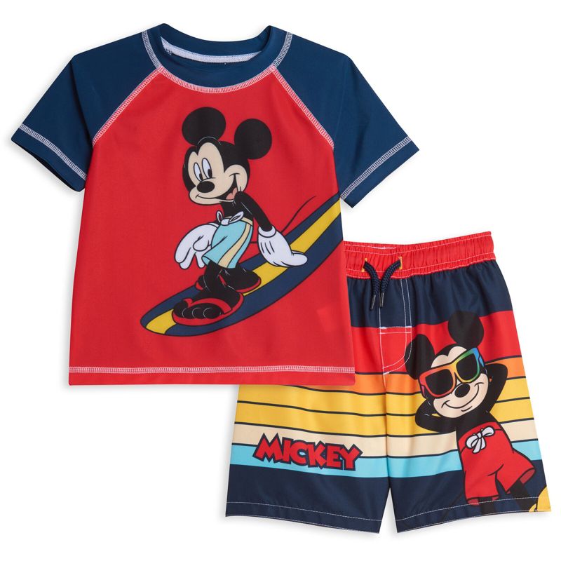 Disney Mickey Mouse Surfboard UPF 50+ Rash Guard Shirt & Swim Trunks Outfit Set Little Kid to Big Kid, 1 of 9