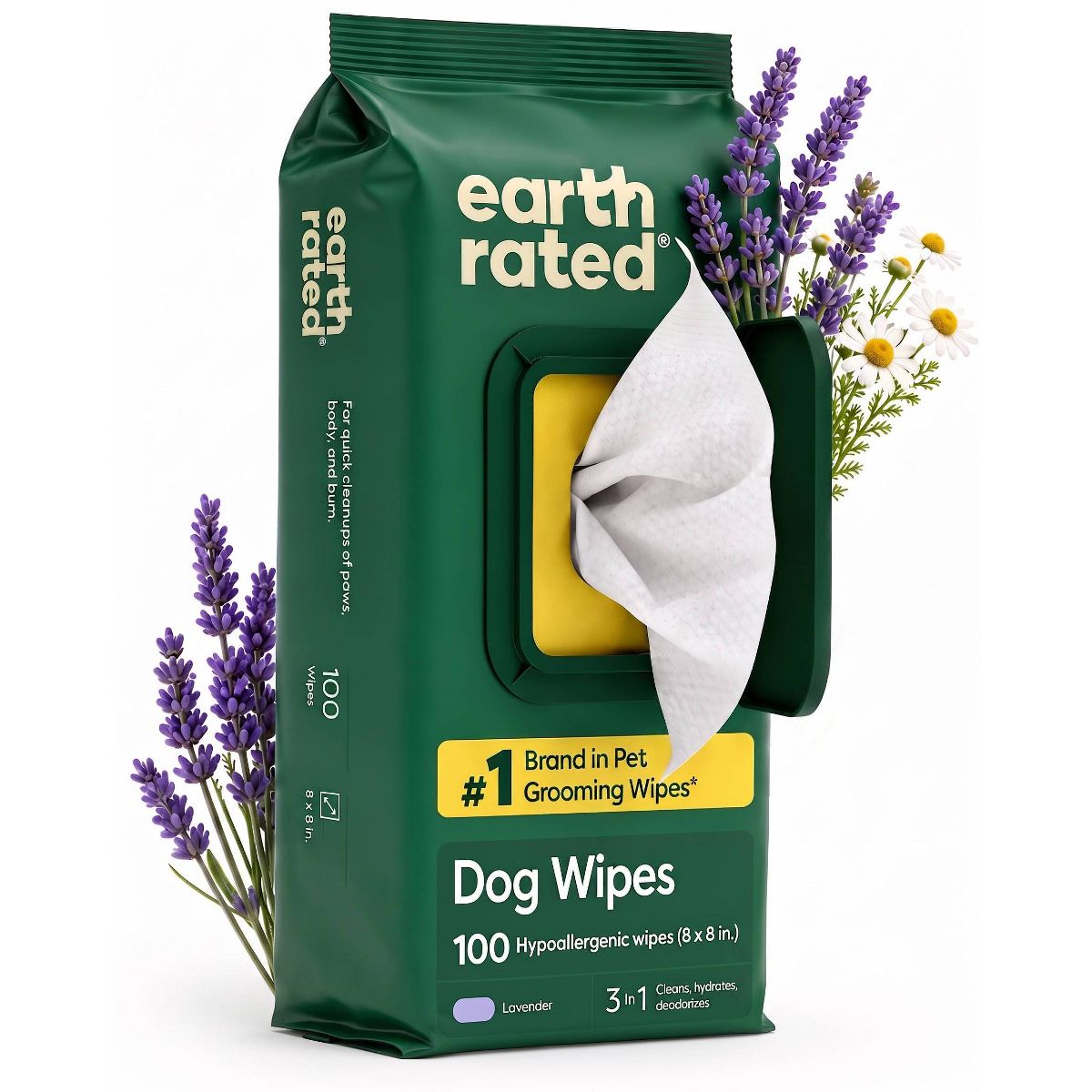 Earth Rated Thick Hypoallergenic Pet Grooming Wipes - Lavender Scent - 100ct