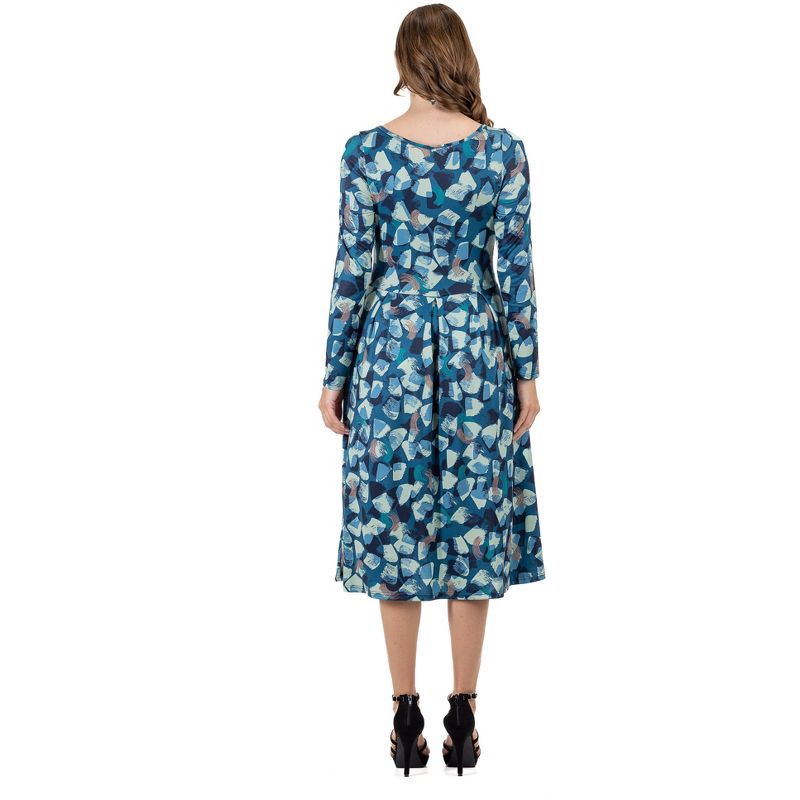 24seven Comfort Apparel Blue Brushstroke Print Long Sleeve Pleated Midi Dress with Pockets, 3 of 5