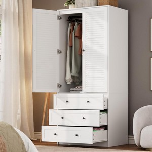 Armoire Wardrobe Closet Wooden Wardrobe Cabinet with 3 Drawers Hanging Rod 2 Doors Clothing Storage Cabinet Large Capacity Storage - 1 of 4