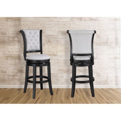 2-piece swivel bar stool set, upholstered seat, nailhead trim, footstool, wooden dining furniture, black