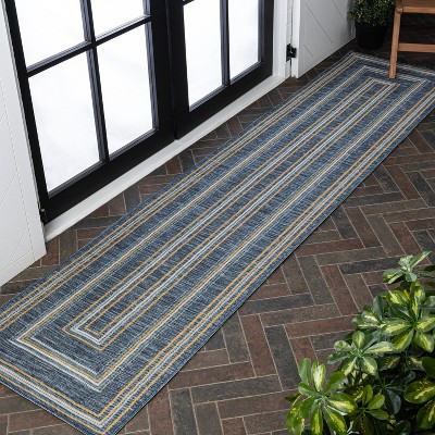 Navy and Cream Flat Woven Synthetic Reversible Runner Rug, 2 x 8