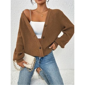 Women V Neck Cardigan Lantern Sleeve Button Front Knit Cardigan Sweater - 1 of 4