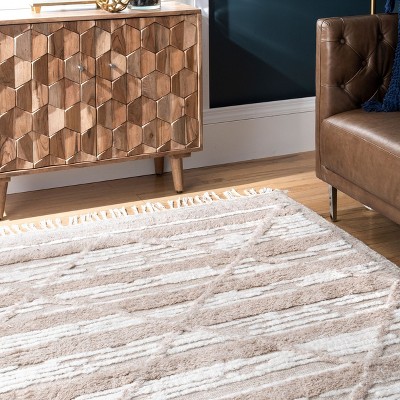 Handmade Geometric Shag Wool-Cotton Area Rug, 5' x 8', Beige