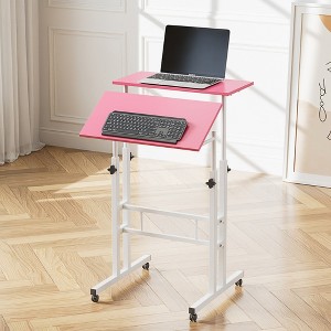 VECELO Standing Desk Adjustable Height, Computer Workstations with Tiltable Tabletop & Lockable Wheels, Portable Rolling Laptop Desk for Office, Brown - 1 of 4