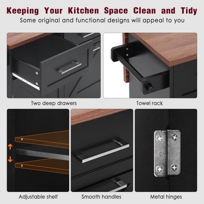Vynxaria 47.2"Farmhouse Kitchen Island with Drop Leaf with Removable Side Racks,Drawers,Towel Rack - for Home Kitchen Dining Room,Black