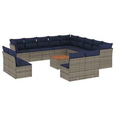 vidaXL 14 Piece Patio Sofa Set with Cushions Gray and Blue Poly Rattan