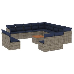 vidaXL 14 Piece Patio Sofa Set with Cushions Gray and Blue Poly Rattan - 1 of 4