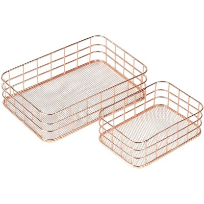 Juvale 2-Set Metal Wire Baskets, Nesting Copper Mesh Desk Drawer Storage Organizer for Cosmetic Stationery, Rose Gold, 2 Sizes