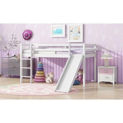 Vynxaria Twin Low Loft Bed with Slide, Ladder & Safety Guardrails - Rubber Wood Design
