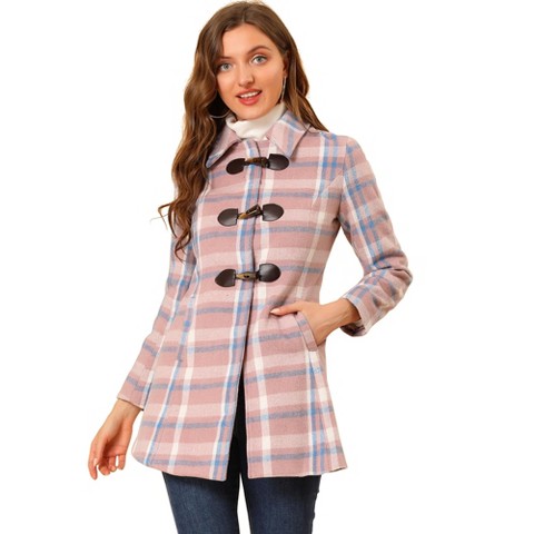 Allegra K Women's Toggle Outerwear Classic Turn Down Collar Plaid Duffle Front Pea Coat Pink Blue X-Small